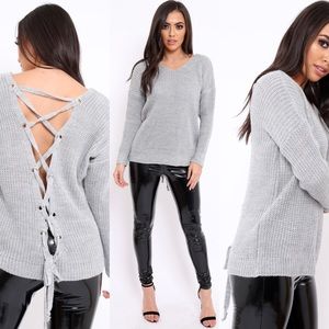 Gray lace-up sweater